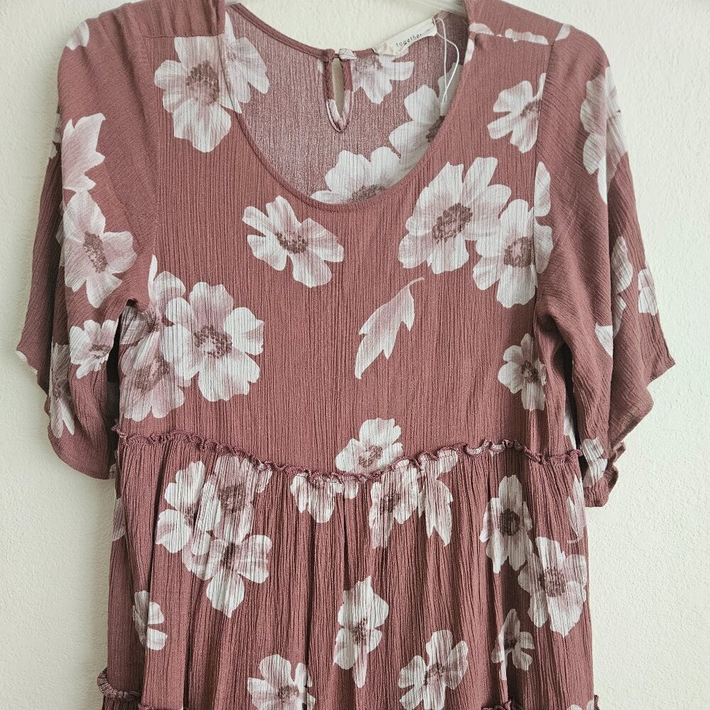 Floral Boho Cover up Blush Oversize Romantic Cottagecore Tier Baby Doll Dress M